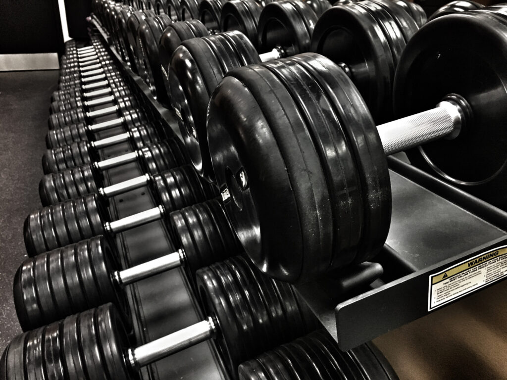 gym with cleaned arranged dumbbells