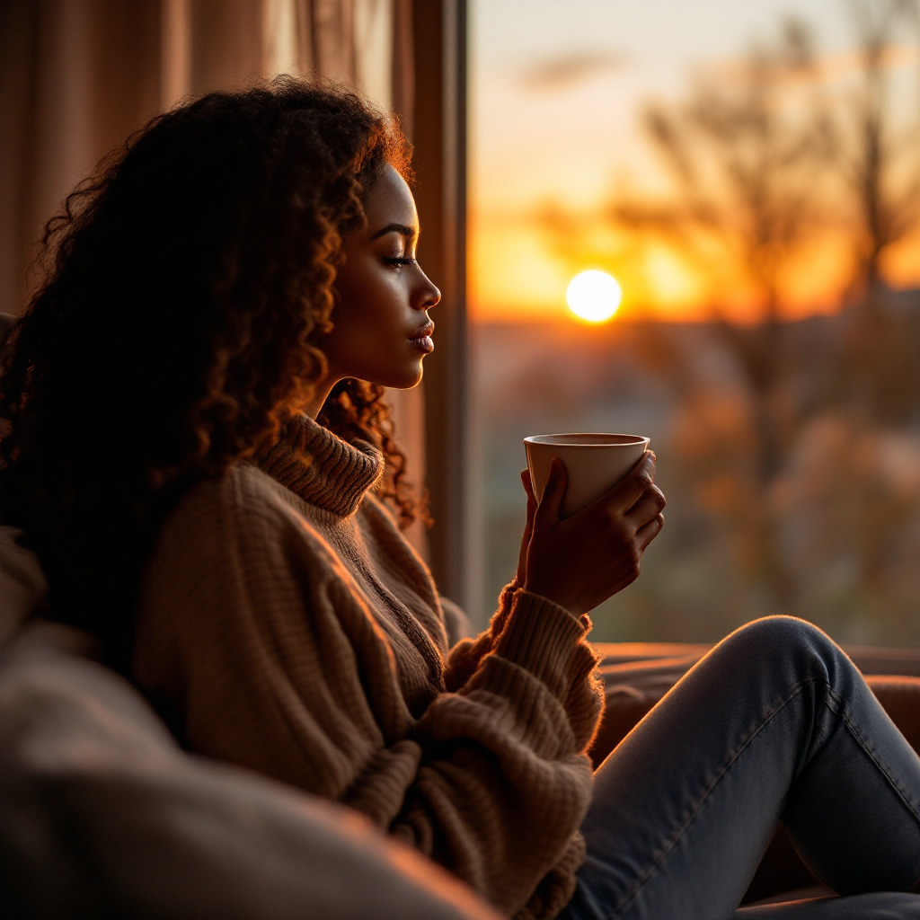 Person sitting on a balcony at sunset with coffee, reflecting calmly