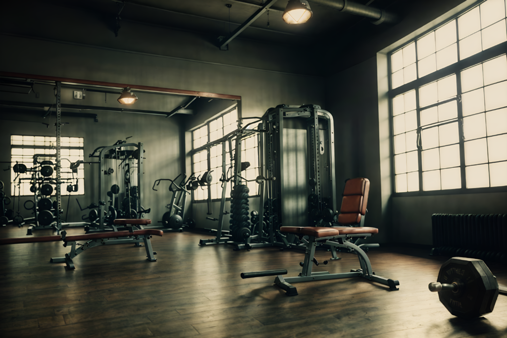 empty gym Moody gym interior with minimal lighting