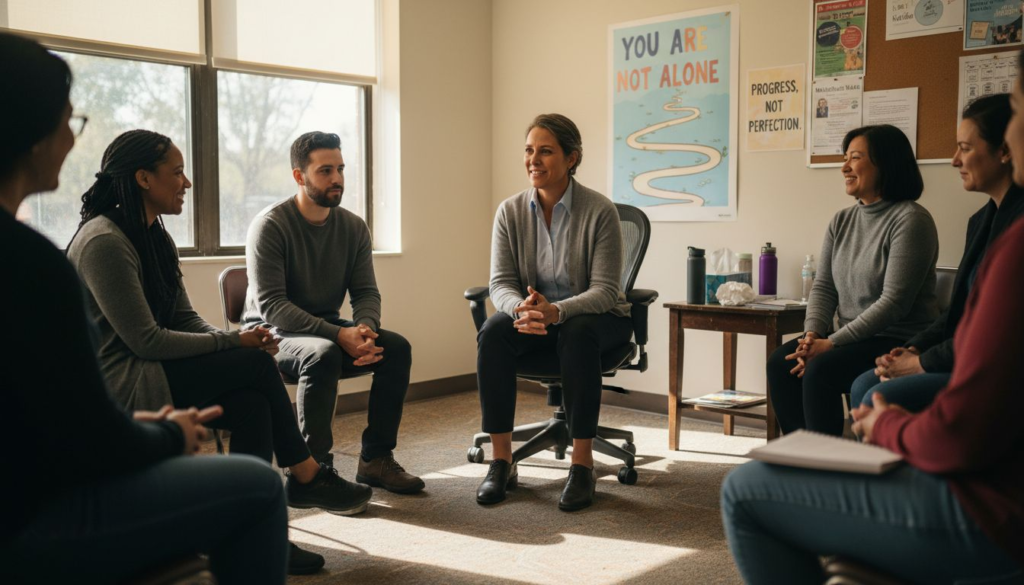 Person gradually overcoming social anxiety by facing social situations