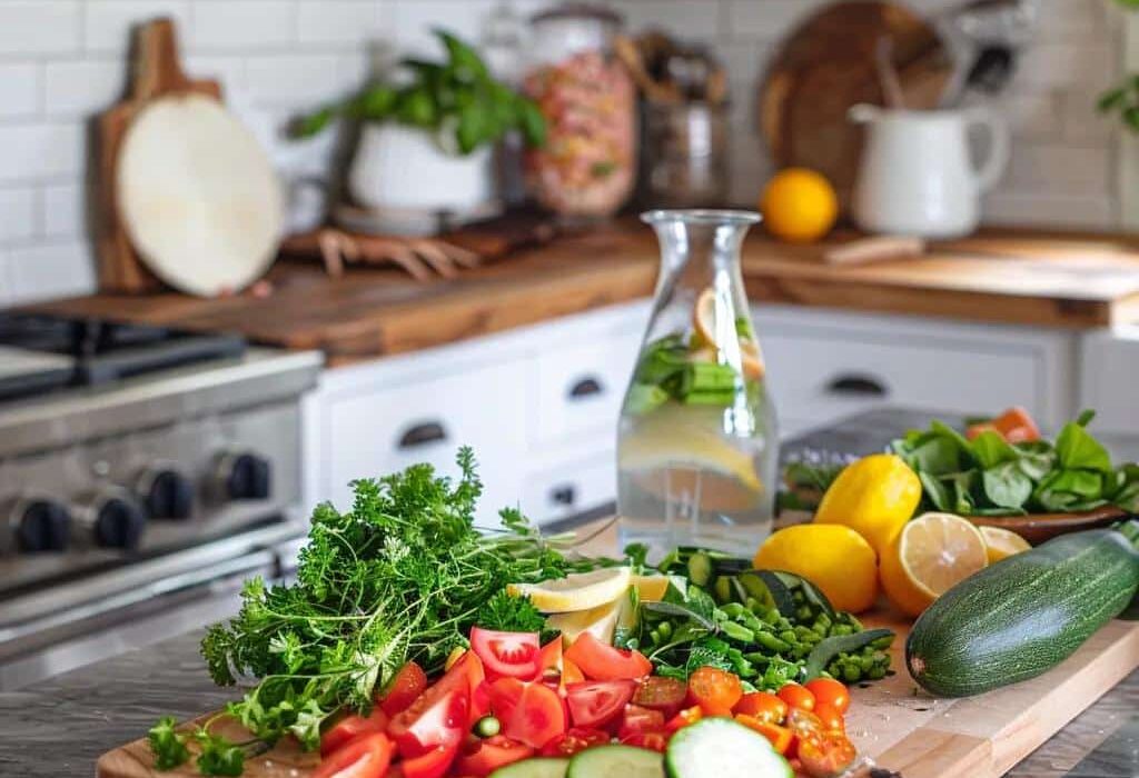 variety of whole foods supporting gut health including vegetables fruits grains and yogurt