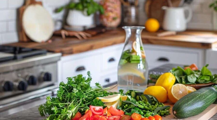 variety of whole foods supporting gut health including vegetables fruits grains and yogurt