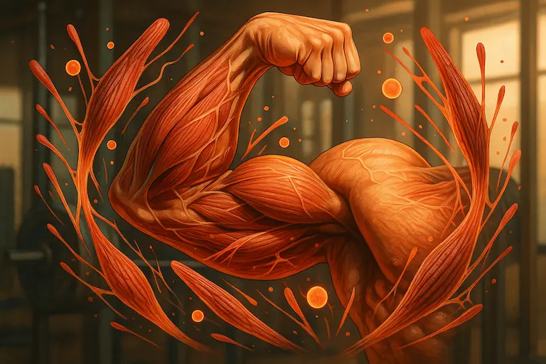 Diagram showing muscle fibers breaking down and rebuilding stronger after exercise
