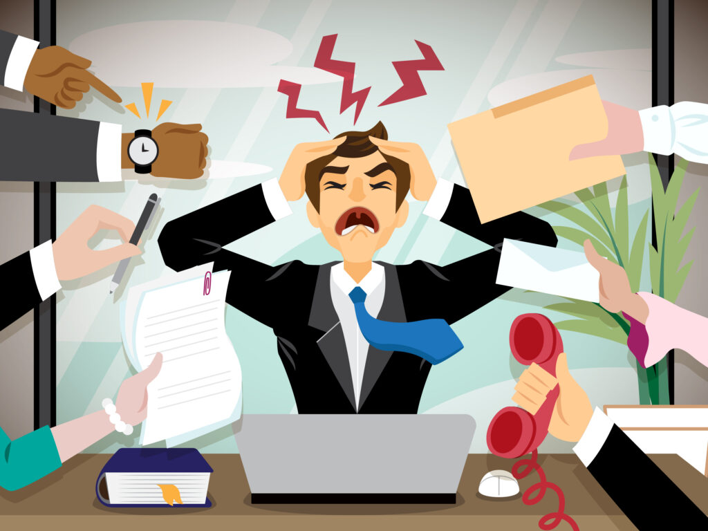 Illustration showing emotional exhaustion, detachment, and reduced performance as signs of burnout