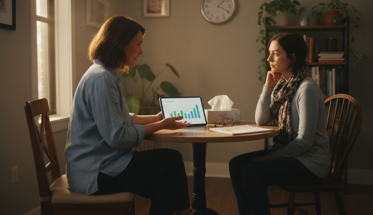 Person in therapy session talking to a therapist in a calm environment