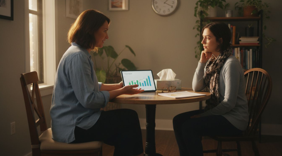 Person in therapy session talking to a therapist in a calm environment