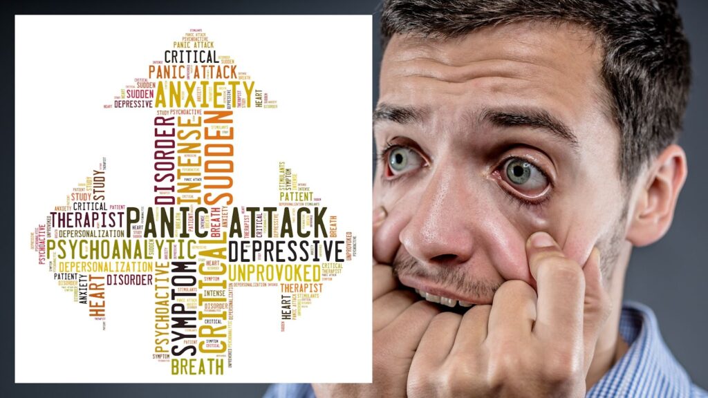 Illustration showing stress sleep deprivation and caffeine as factors that increase likelihood of panic attacks